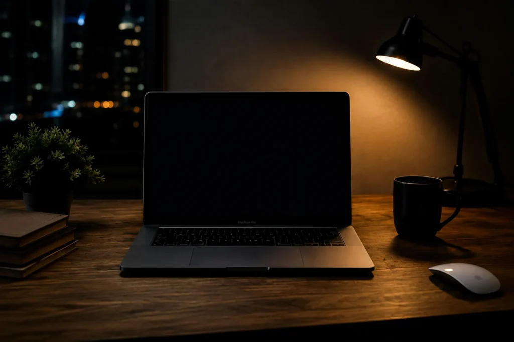 Laptop and desk lamp lit at night with city lights beyond the window