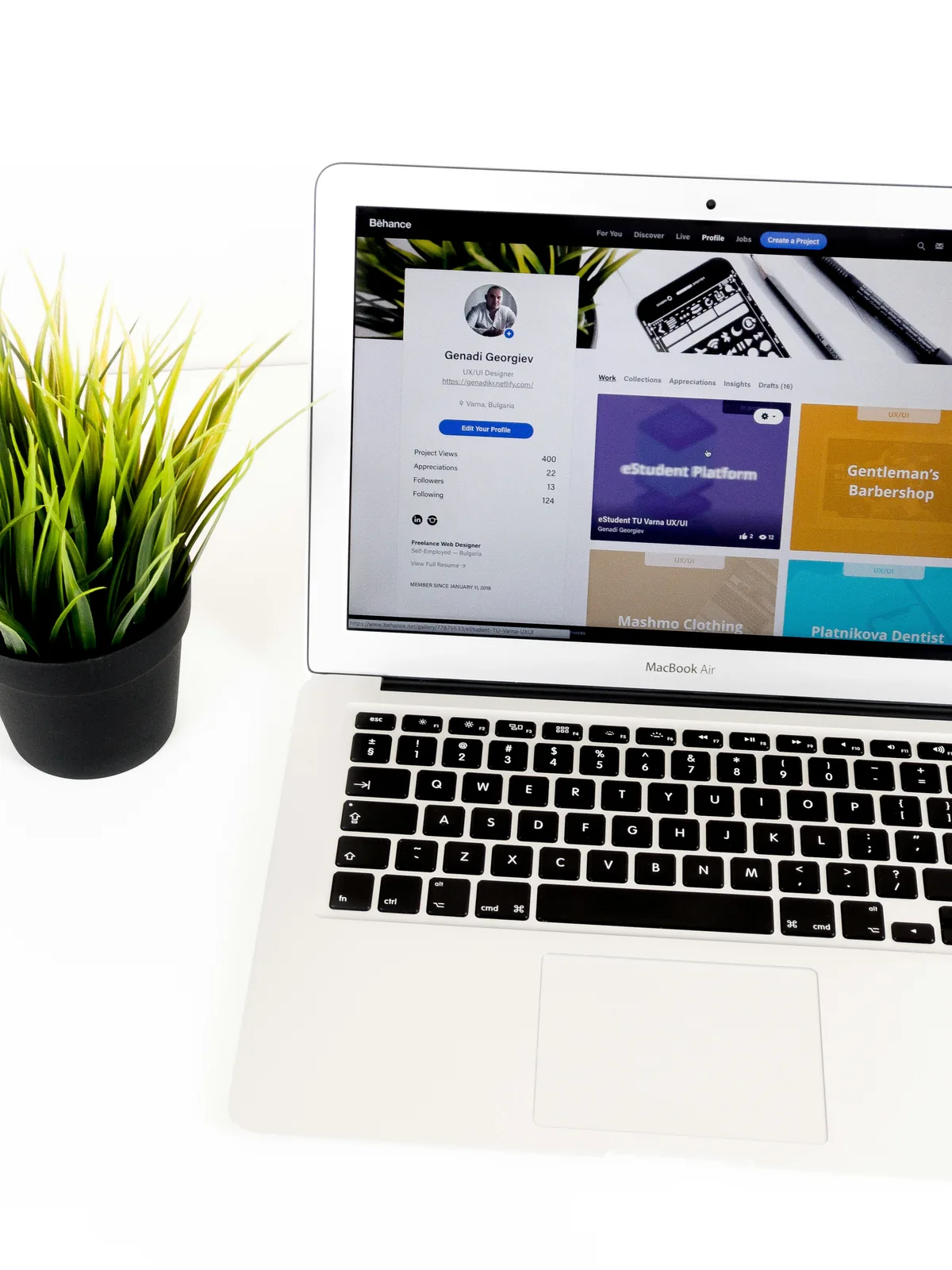 Laptop showing a portfolio website